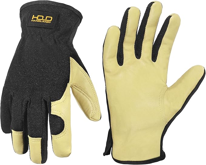HANDLANDY Men Leather Gardening Gloves, Utility Work Gloves for Mechanics, Construction, Driver