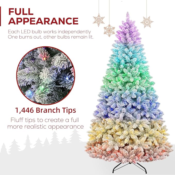 Hykolity 7.5 ft Prelit Snow Flocked Christmas Tree with Remote Control, 1446 PVC Branch Tips, Artificial Hinged Christmas Tree with 450 Multi-Color RGB Lights for Home, 15 Modes