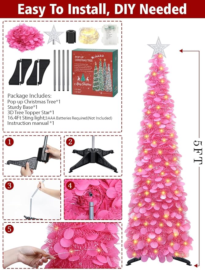 HMASYO 5 FT Pop Up Christmas Tree with Timer Lights, Hot Pink Christmas Tinsel Tree, Collapsible Artificial Pencil Christmas Tree for Indoor Home Apartment Porch Holiday Party Decorations