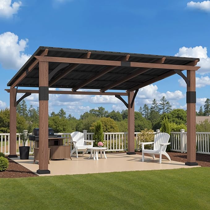 Macrout 12'x14' Outdoor Gazebo, Heavy Duty Pergola with Sloped Metal Roof and Aluminum Frame, Permanent Gazebos for Patio, Decks, Backyard, Garden, 4756 (Sloped Roof + Brown Frame, 12'x14')