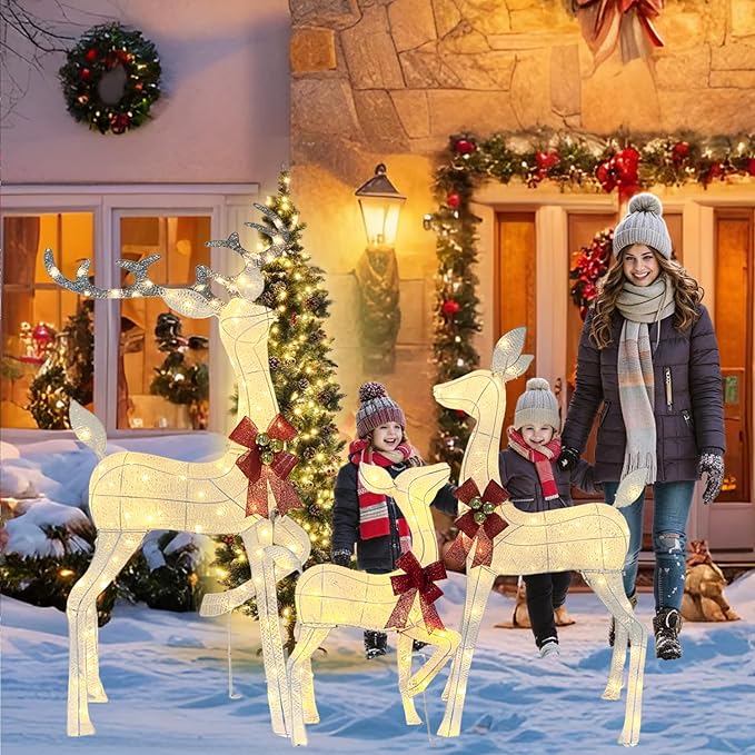 55" Outdoor Lighted Reindeer Christmas Decorations, 3-Piece Reindeer Family Set with 240 LEDs, Bells, Red Bows, Durable Weatherproof Metal Frame for Yard, Garden, Indoor Holiday Decor, White