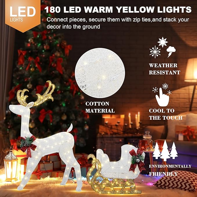 Vongrasig 4FT Lighted Christmas Reindeer & Sleigh Outdoor Yard Decoration Set W/ 205 LED Lights & 8 Ground Stakes, Zip Ties, Artificial Xmas Lighted Holiday Decor for Indoor and Outdoor(White)