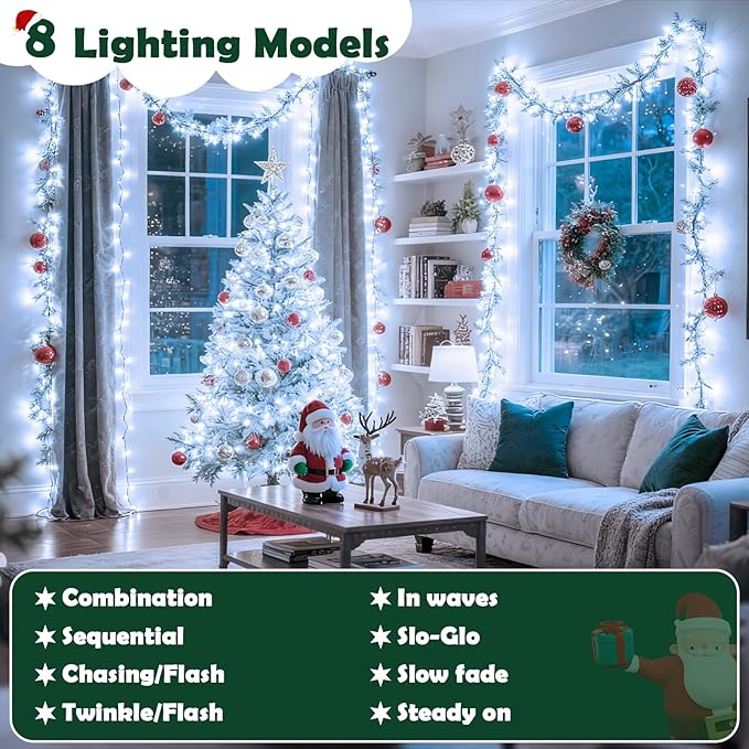 Christmas Lights Indoor Outdoor Waterproof, 66FT 200 LED 8 Modes Cool White Light String Lights for House Decorations, Ideal for Christmas Trees, Wedding, and Party