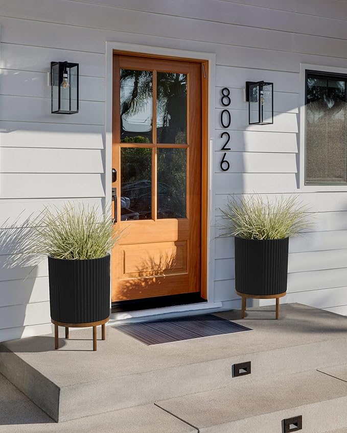 Veradek Demi Series Round Planter w/Stand for Porch/Patio | Durable Plastic-Stone Composite & Wooden Stand | Modern Décor for Tall Plants, Flowers