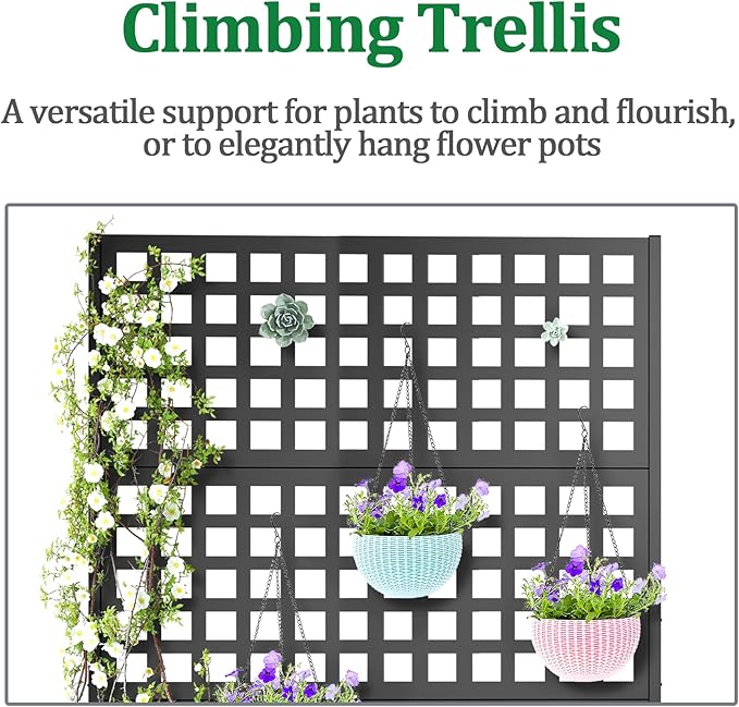 Metal Raised Garden Bed with Trellis, 2 in 1 Trellis with Planter Box & Privacy Screen for Climbing Plants, Vine, Outdoor Standing Flower Beds with Drainage Holes, 47.2"L x 16.7"W x 70.8"H, Black