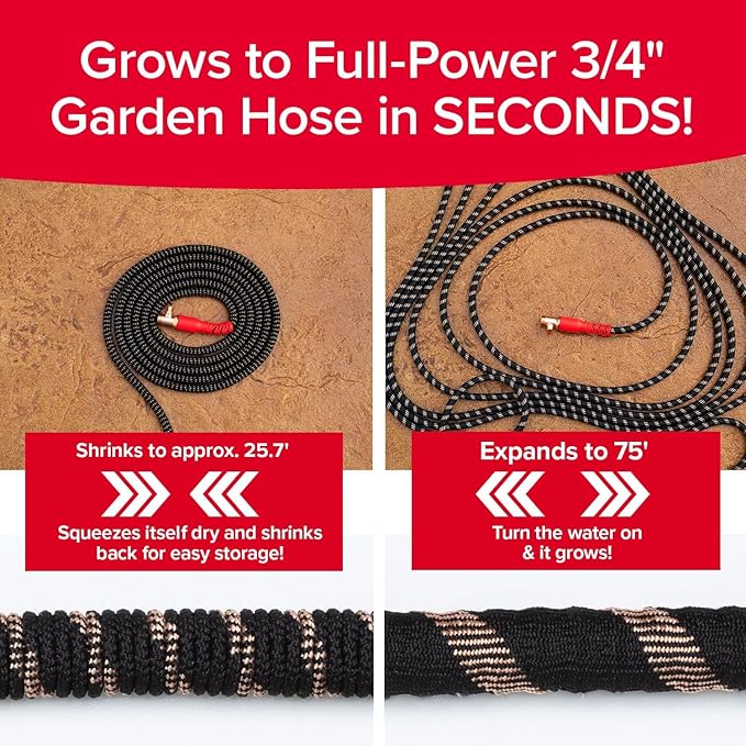 Pocket Hose Copper Head UV w/Pocket Pivot, Expandable Garden Hose 75 FT w/10 Pattern Thumb Sprayer AS-SEEN-ON-TV 650psi 3/4in Ultra-Light Solid Copper Anodized Aluminum Fittings No-Kink No-Lead