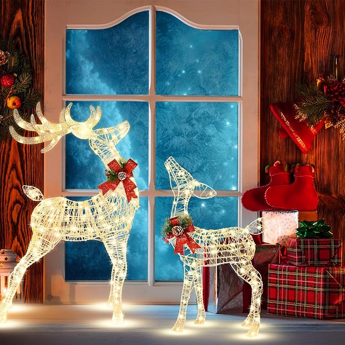 Tangkula 2 Pieces Christmas Lighted Reindeer Set, Outdoor Yard Xmas Decorations with 170 LED Lights, Artificial Christmas Deer with Ground Stakes, Indoor/Outdoor Festive Holiday Decoration