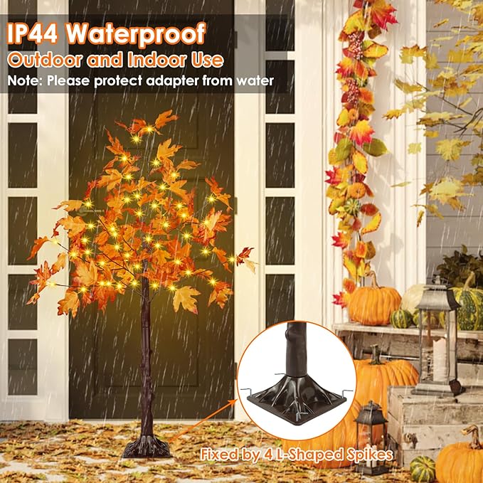 2 Pack 4FT Artificial Lighted Maple Tree, Fall Decorations for Home with Timer, 100 LED Prelit Fall Decor Maple Tree with Warm White Light for Indoor Outdoor Harvest Halloween Thanksgiving Day, Orange