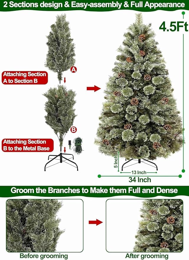 4.5 Ft Full Christmas Tree with Warm White&Color Lights, Frosted Smoky Pine,Pine Cones, 150 LEDs, Timer, Small Xmas Tree Decoration for Home, Tabletop, Office, Indoor, Outdoor, Metal Hinges Stand