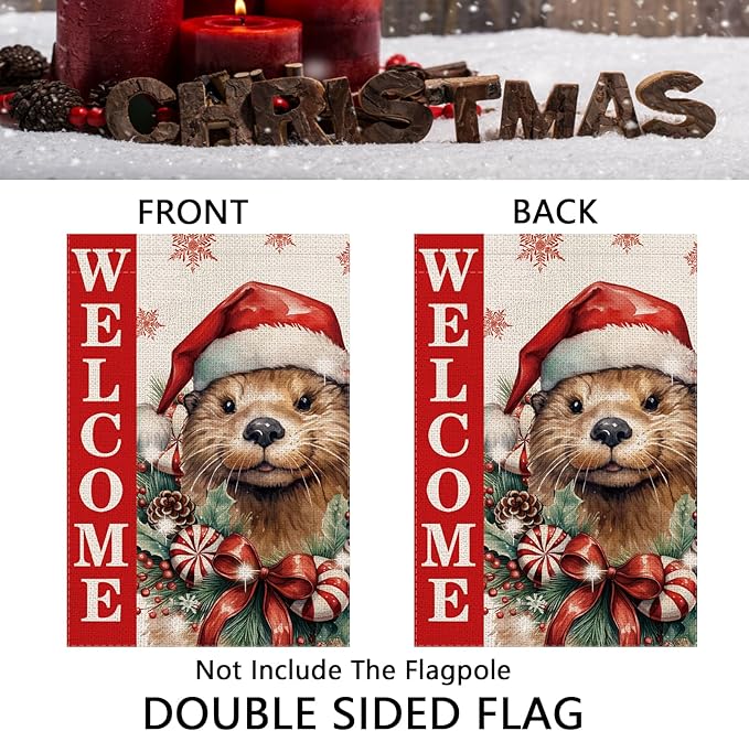 Christmas Garden Flag Welcome Xmas Otter Winter Holiday Decorations Burlap Vertical Double Sided Farmhouse Yard Lawn Outdoor Decor 12.5 x 18 Inch