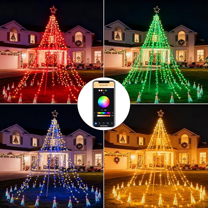 12FT 740LEDs Smart Outdoor Christmas Tree Lights With Sturdy Iron Pole, App Control DIY Color Changing, Music Sync, Timer, 100+ Modes Waterproof Large Star Waterfall Light for Outside Yard Lawn Decor