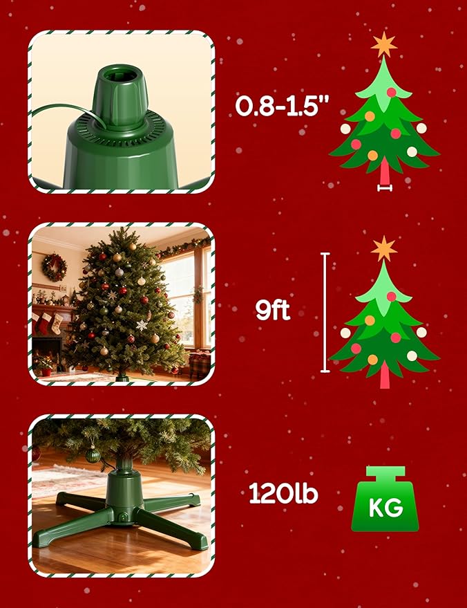 COOLWUFAN Musical Rotating Christmas Tree Stand with Remote Control, Built-in Electrical Outlets Xmas Tree for Up to 9ft Artificial Trees, Stable 360 Degree Spinning Tree Base Holder