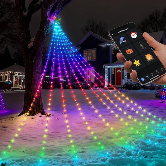 23FT RGB Color Changing Outdoor Christmas Decorations Hanging Waterfall String Lights with Star, APP&Remote Control, Music Sync, DIY Scenes, Waterproof LED Lights for Trees, Roof, Yard&Holiday Decor