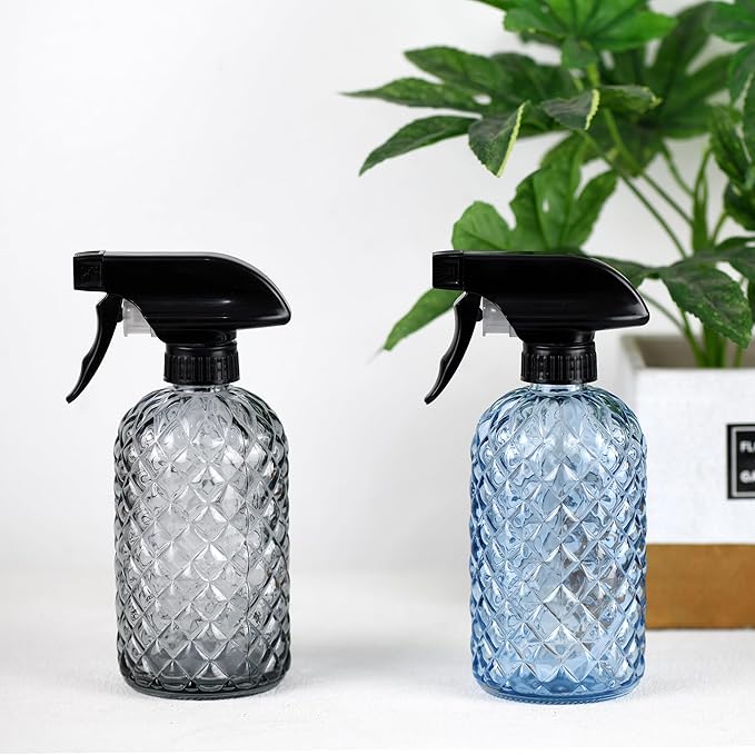 12Oz Glass Plant Spray Bottle, Gem Pattern Glass Sprayer, Watering Can with Black Plastic Top Pump, Handheld Watering Can for Indoor Outdoor Potted Plants and Greenery (Blue)