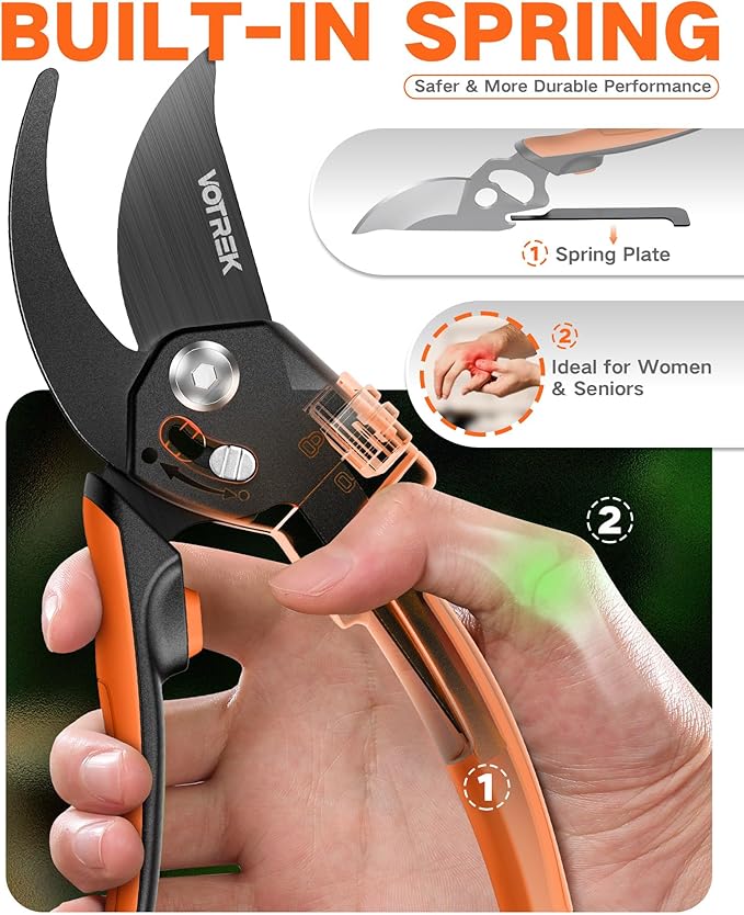 8.5" Pruning Shears for Gardening, 【Unique Stepless Handle Opening】Professional Bypass Garden Clipper, Heavy Duty Plant Pruners for Branch 【SK5 Steel Blades】【Built-in Spring】【All Hand Sizes】