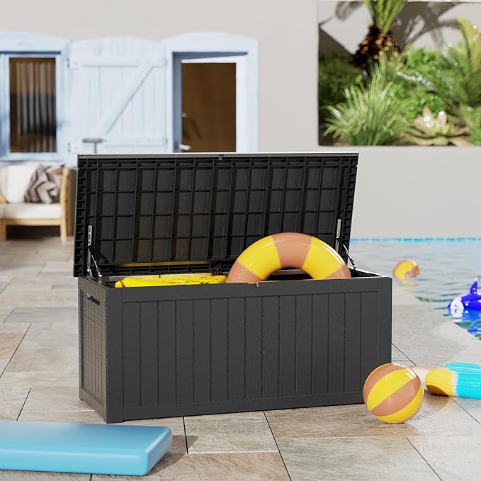 200 Gallon Deck Box, Resin Outdoor Indoor Waterproof Storage Box, Lockable Storage Box With Handle for Patio Furniture - Garden Tools - Swimming Pool Tools UV-Resistant - Black