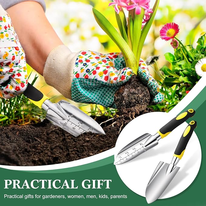 Honoson Garden Hand Trowel Transplant Trowel with Measurements Aluminum Alloy Planting Tools with Rubber Handle Small Gardening Hand Tools Shovels for Gardening Cultivating Transplanting Supplies