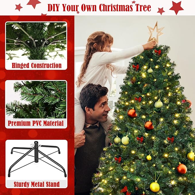 ERGOMASTER 7.5FT Pre-lit Artificial Christmas Tree with Lights, Fake Green Xmas Tree with 1346 Hinged Branch Tips, 400 LED Warm White Incandescent Lights & Foldable Metal Stand for Holiday Home Party