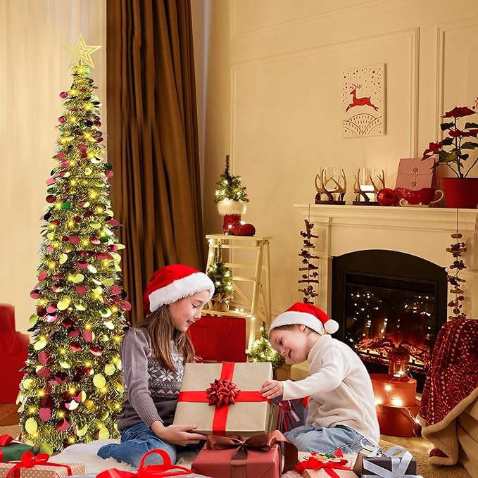 HMASYO 5 FT Pop Up Christmas Tree with Timer Lights, Gold Christmas Tinsel Tree, Collapsible Artificial Pencil Christmas Tree for Indoor Home Apartment Porch Holiday Party Decorations