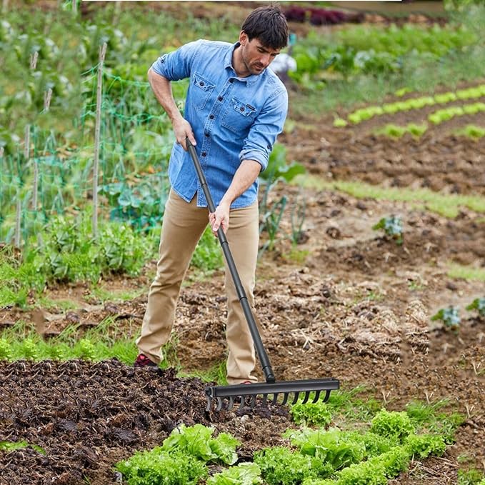 Stirrup Hoe with 76.8" Adjustable Long Handle Hula Hoe Weed Puller Heavy Duty Garden Hoe with 12 Tines Rake 2-in-1 Gardening Tool for Loosening Soil, Gathering Leaves, Weeding