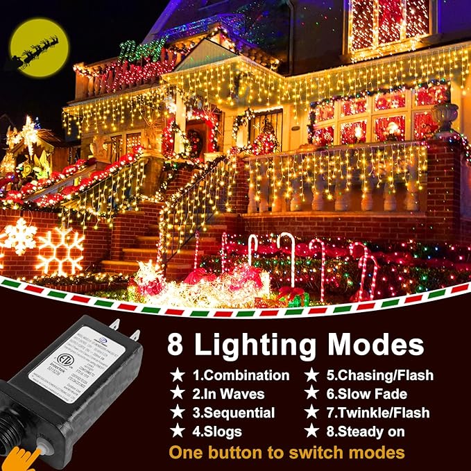 KNONEW 99ft 960 LED Christmas Lights Outdoor Decorations with 180 Drops, 8 Modes Curtain Fairy Light, Clear Wire LED String Light Indoor Decor for Wedding Party Christmas(Warm White)