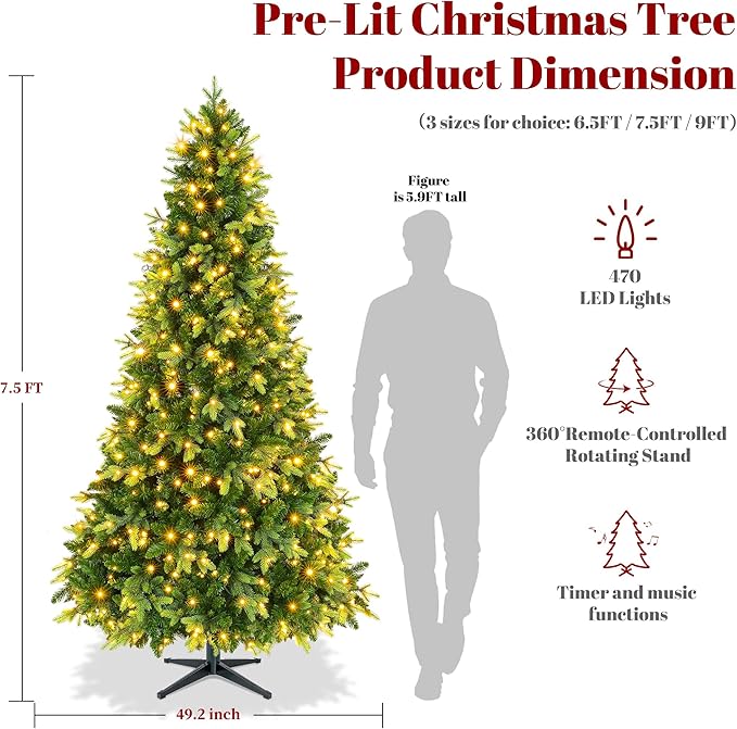 Thalassophile 7.5ft Pre-Lit Full Christmas Tree with Rotating Stand, Prelit Rotating Artificial Hinged Realistic Xmas Tree with Remote, 470 Lights Warm White & Multi Color, 1470 Branch Tips, Green