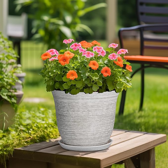 Ceramic Planter - 12 Inch Plant Pot with Drainage Hole and Saucer, Round Large Plant Pots for Indoor Outdoor, Modern Decorative Flower Pots, Garden Room Home Decor, Housewarming Gifts, Grey