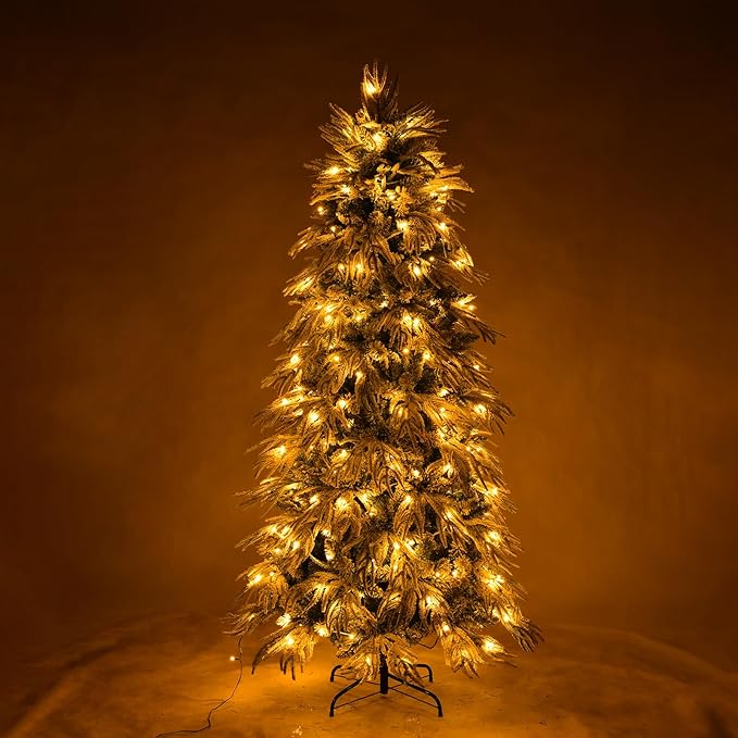 7ft Slim Flocked Christmas Tree, Pre-lit Christmas Tree with 767 Premium PE&PVC Tips, 250 Warm White LED Lights, Skinny Noble Artificial Xmas Trees for Home, Corner, Narrow Place Holiday Decoration
