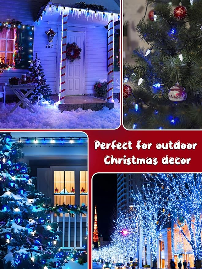 C6 Solar Christmas Lights Outdoor, 50 LED 16FT Christmas Decorations Outdoor Waterproof, Solar String Lights for Outside with 8 Modes, Fairy Twinkle Light for Tree Garden Xmas Decor (White and Blue)