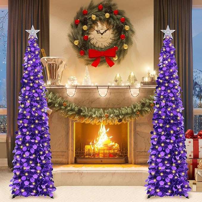 HMASYO 6 FT Pop Up Christmas Tree with 100 LED Lights & Remote, Purple Christmas Tinsel Tree, Collapsible Artificial Pencil Tree for Home Office Party Decor, USB Powered Timer Lights, Easy Assembly