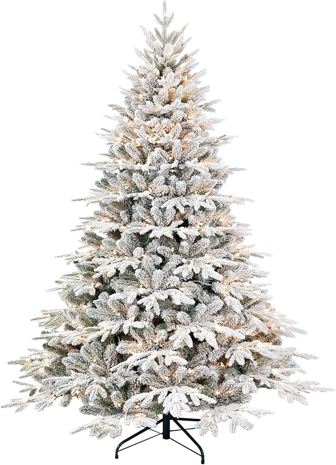 Prelit Flocked Artificial Full Christmas Tree 6FT with 2056 PE PVC Tips, Premium Snow Pre-Lit Holiday Xmas Tree with 400 UL Incandescent Lights, Foldable Base for Home Office Party