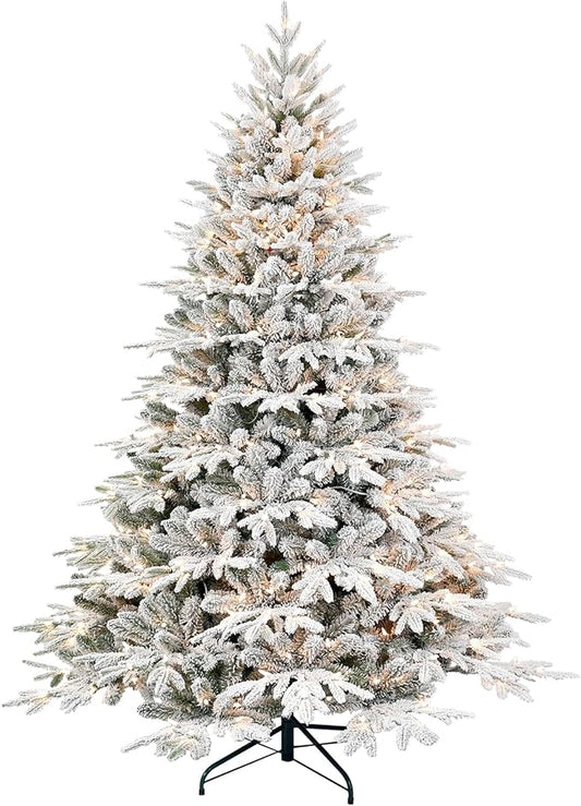 Prelit Flocked Artificial Full Christmas Tree 6.5FT with 2356 PE PVC Tips, Premium Snow Pre-Lit Holiday Xmas Tree with 450 UL Incandescent Lights, Foldable Base for Home Office Party