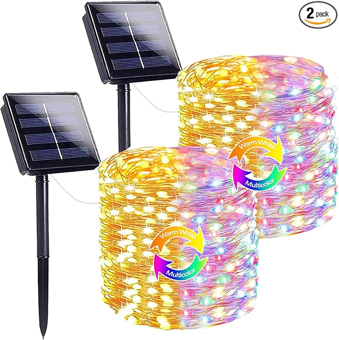 Warm White and Multicolor Color Changing Solar String Lights for Outside, 2 Pack 400LED Solar Christmas Lights Outdoor, Waterproof Copper Wire with 8 Modes Twinkle Fairy Light for Tree Christmas Decor