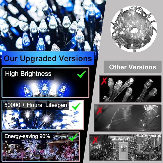 750 LED 240FT Christmas String Lights Outdoor, 12 Pro Modes and Timer Memory & Brightness, Plug in Waterproof Dark Green Wire Twinkle Light for for Xmas Yard Tree Wedding Party Decor (Blue & White)