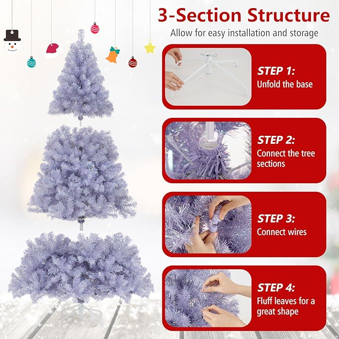 Goplus 6 FT Pre-Lit Tinsel Christmas Tree, Artificial Hinged Xmas Tree with 250 Warm White LED Lights, 8 Modes, 688 Lush Branch Tips, Metal Stand, Home Office Seasonal Holiday Decoration, Lavender