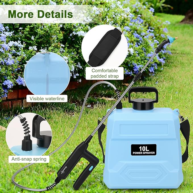 BlumWay Battery Powered Sprayer 2.5 Gallon, 7.4V Powerful Electric Sprayer with 5 Mist Nozzles, Rechargeable Handle, Retractable Wand,Adjustable Shoulder Strap for Lawn,Garden