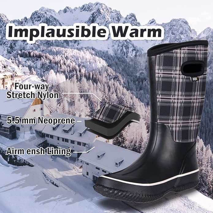 WTW Mid Calf Rain Boots for Women - Waterproof Insulated Neoprene Mud Boots Outdoor Hunting Garden Boots