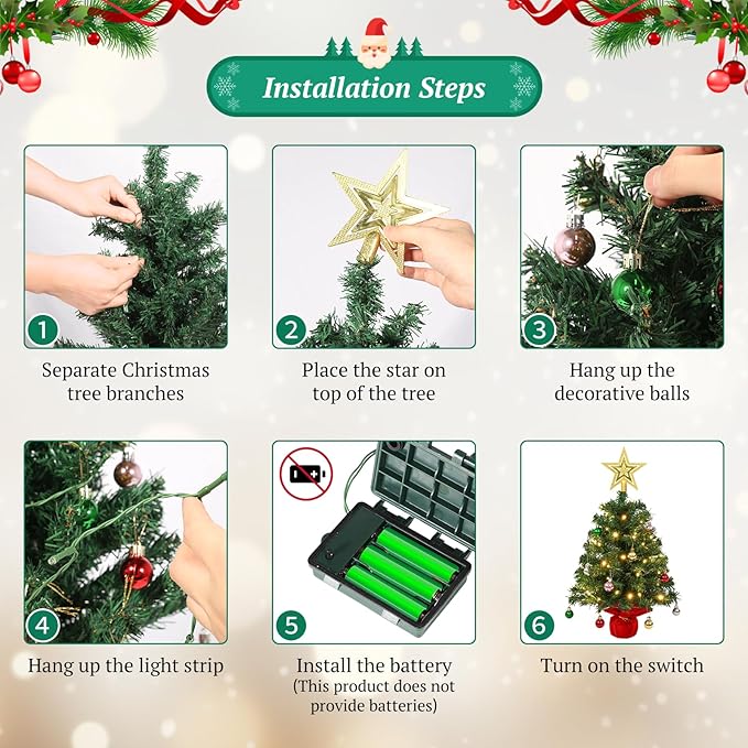 Uten Mini Christmas Tree Small Christmas Balls 56Pcs, Treetop Star 50 LED Waterproof Battery Box with Red Cement Base Double Green Christmas Tree Christmas Decorations for Home, Office, Party
