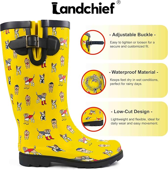 landchief Rain Boots for Women, Waterproof Ladies Tall Knee High Rubber boots,Comfort Garden Boots Anti-Slip Mid Heel Women Rain Shoes Outdoor
