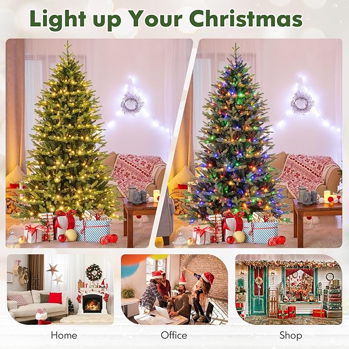 Happygrill 7 FT Pre-Lit Artificial Christmas Tree, Hinged Xmas Tree w/1646 Branch Tips, 470 LED Lights, 11 Lighting Modes, 3 Auto Timers, 4-Level Brightness & Remote Control, Decoration Tree for Party