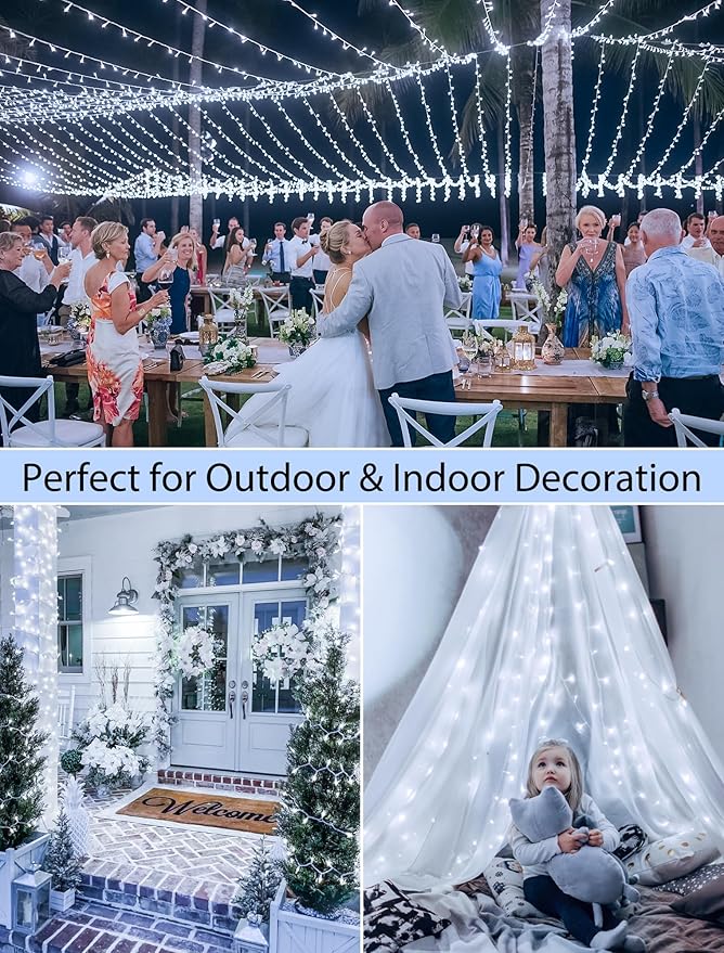 33FT 100 LEDs String Lights Waterproof Fairy Lights 8 Modes with Memory 30V UL Certified Power Supply for Home, Garden, Wedding, Party, Christmas Decoration Indoor Outdoor (Cool White)