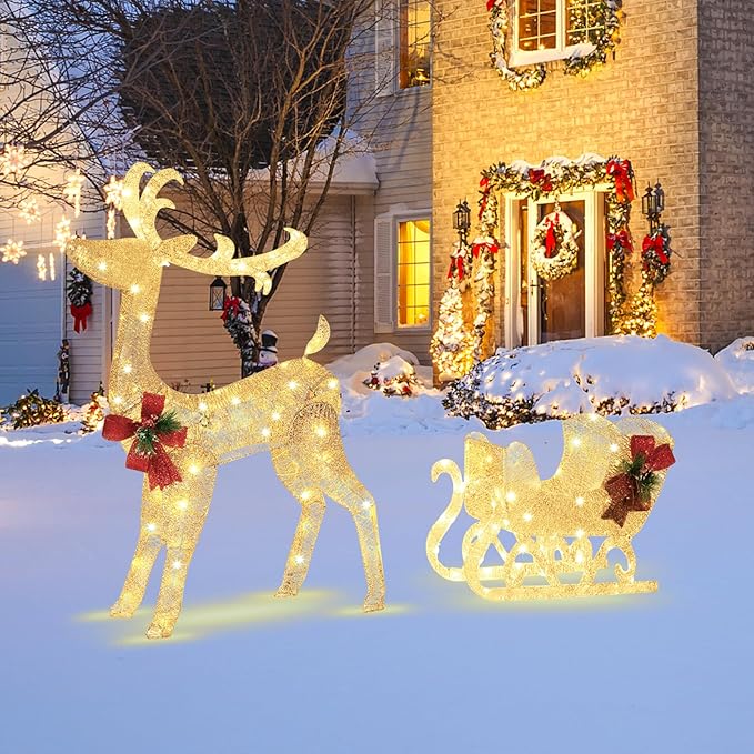 Tangkula 4.7 FT Lighted Christmas Reindeer & Sleigh, Xmas Lighted Outdoor Decoration with 100 Warm Lights, 8 Ground Stakes, 30 Cable Ties, Light-up Santa Sleigh & Reindeer for Yard, Home
