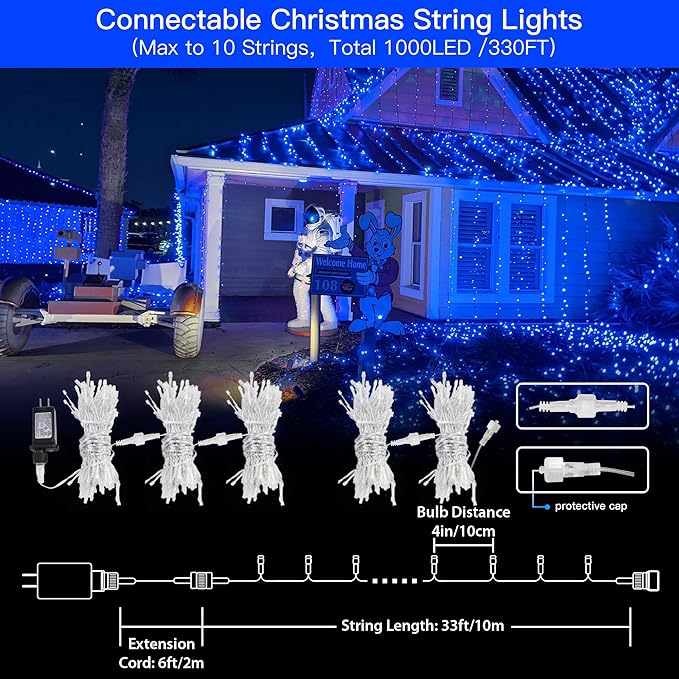 33FT 100 LEDs String Lights Waterproof Fairy Lights 8 Modes with Memory 30V UL Certified Power Supply for Home, Garden, Wedding, Party, Christmas Decoration Indoor Outdoor (Blue)