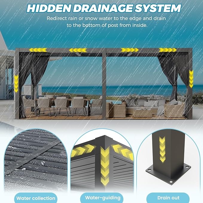 LVUYOYO Outdoor Louvered Pergola 10' x 20', Aluminum Pergola with Adjustable Roof, Waterproof Metal Gazebo with Curtains and Netting for Patio, Backyard, Garden, Deck (Black)