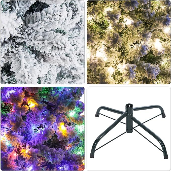 Pre-Lit Christmas Tree Artificial Snow Flocked Pine Tree Warm-White & Multicolored Lights, 8 Mode Functions,Metal Base,Home, Party Decoration 5FT