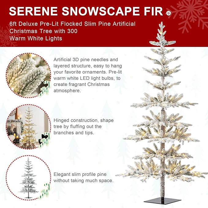 Glitzhome Prelit Christmas Tree, 6ft Flocked Artificial Christmas Tree Serene Snowscape Fir with 300 Warm White Lights for Home, Office, Party Decoration, Metal Hinges & Base, Easy Assembly