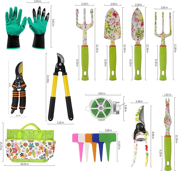 Gardening Tools – 42 Piece Premium Gardening Tool Set,Heavy Duty Hand Tools with Fashion Garden Tools Organizer Handbag,Rust-Proof Gardening Tool Kit, Ideal Gardening Gifts for Women(Pink Floral)