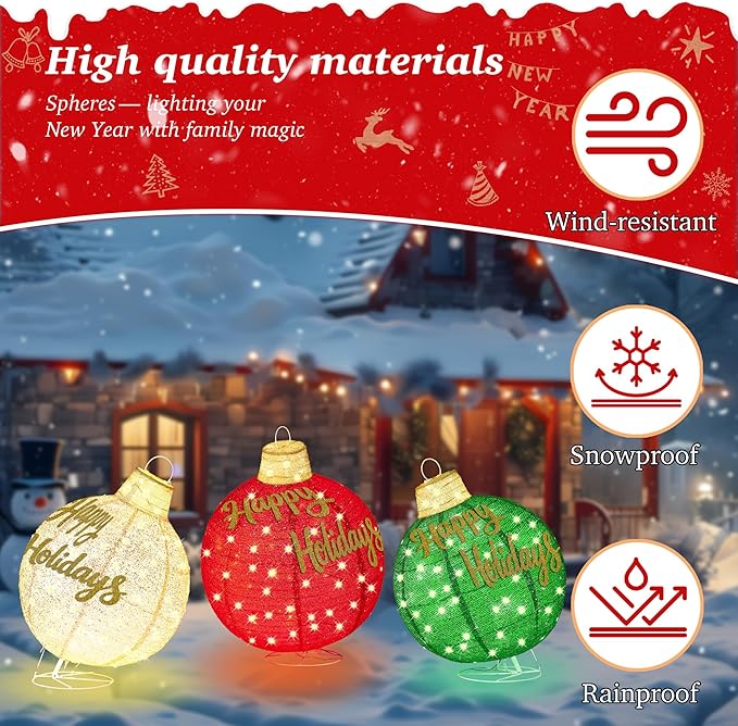 3Pcs 3FT Lighted Christmas Ornament Set Expandable Outdoor, Indoor Holiday Decor with 290 LED Lights, Easy Assembly & Weatherproof, Red & Green & Gold Light-Up Ball for Yard, Garden, Storefront.