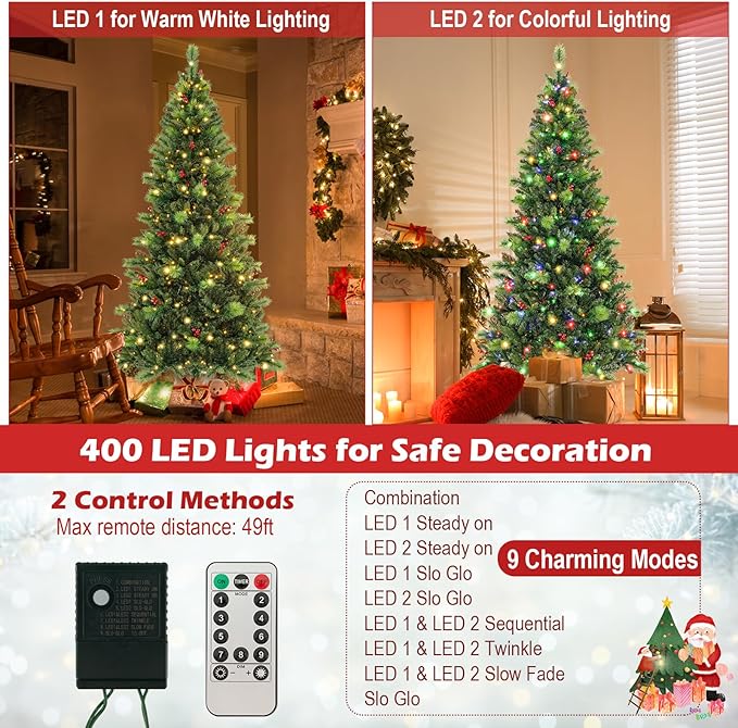 HOMGX 7ft Pre-Lit Christmas Tree with 400 Multi-Color LED Lights, Hinged Xmas Pine Tree w/ 974 PVC Branch Tips, 36 Red Berries, Remote & Timer, 9 Lighting Modes Artificial Christmas Tree
