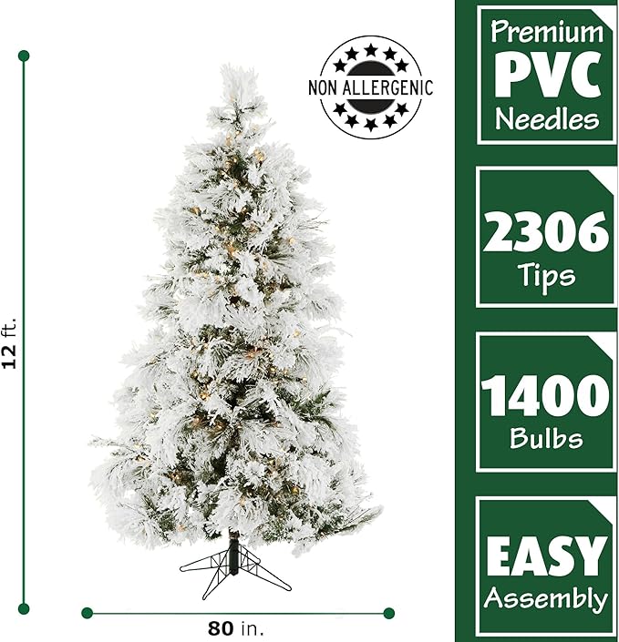 Fraser Hill Farm 12-Ft. Snowy Pine Flocked Artificial Christmas Tree with White Incandescent Smart Lights and Stand, Prelit Foldable Fake Tree with Realistic Foliage for Home Decoration